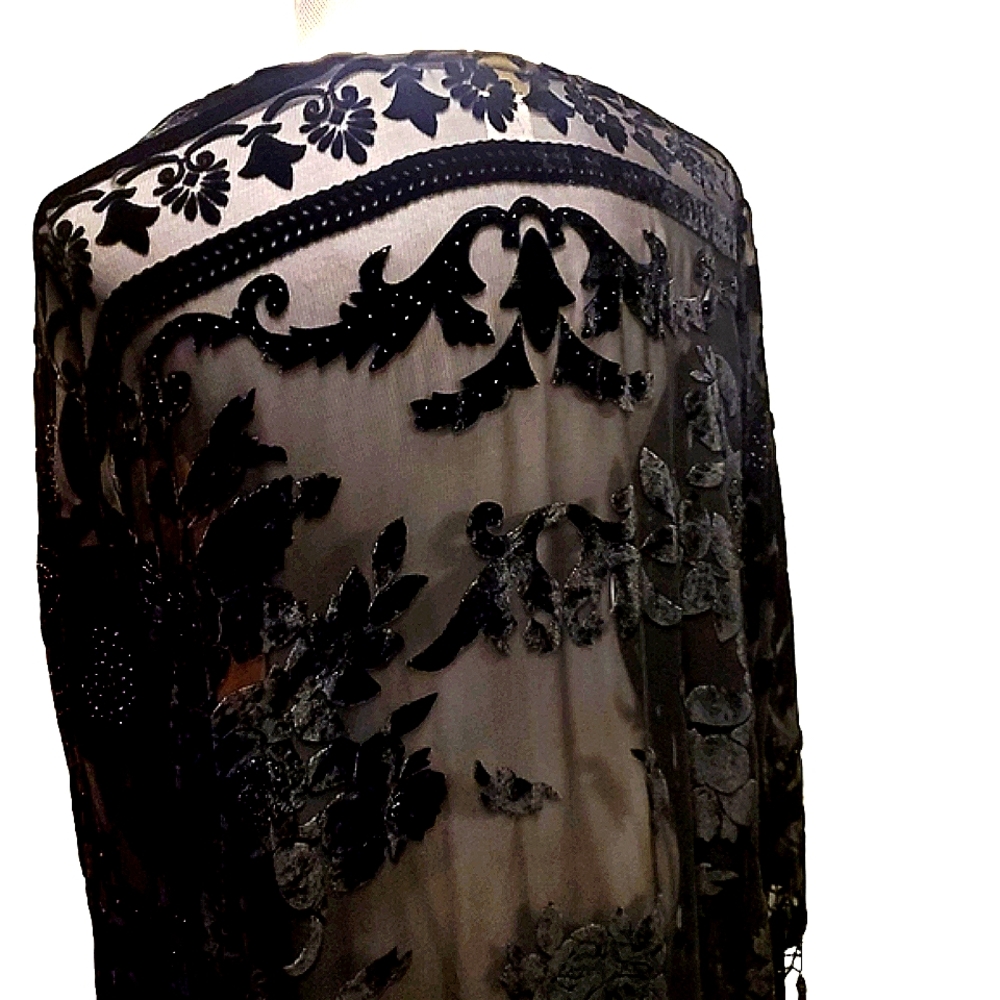 VINTAGE Touch of class fringed sheer kimono duster boho festival silk - Picture 2 of 11